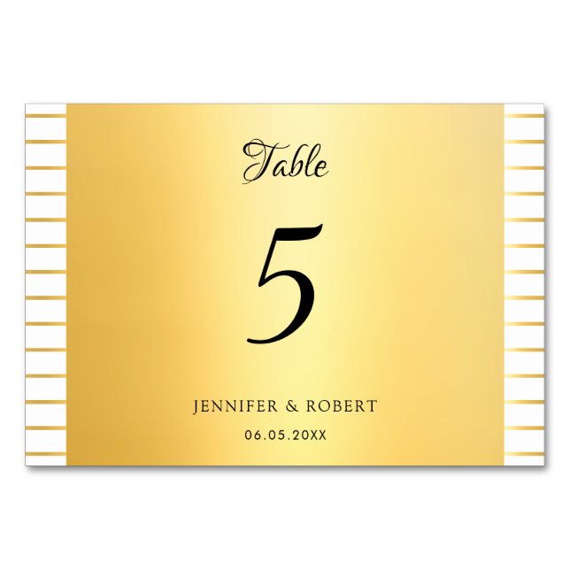 Modern Elegant Gold Striped Handwritten Script Table Number (Front)
