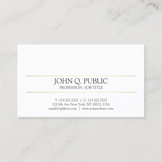 Modern Elegant Gold Striped White Sleek Plain Business Card (Front)