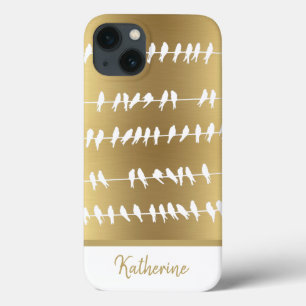 Modern Elegant Gold Swallow Birds on Wires Name iPhone 13 Case