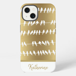 Modern Elegant Gold Swallow Birds on Wires Name iPhone 13 Case