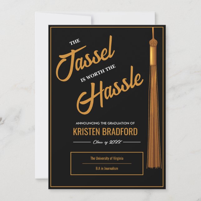 Modern Elegant Gold Tassel Black Graduation Announcement (Front)