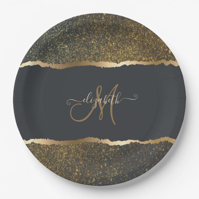 Modern Elegant Gold Touch Monogram Paper Plate (Front)