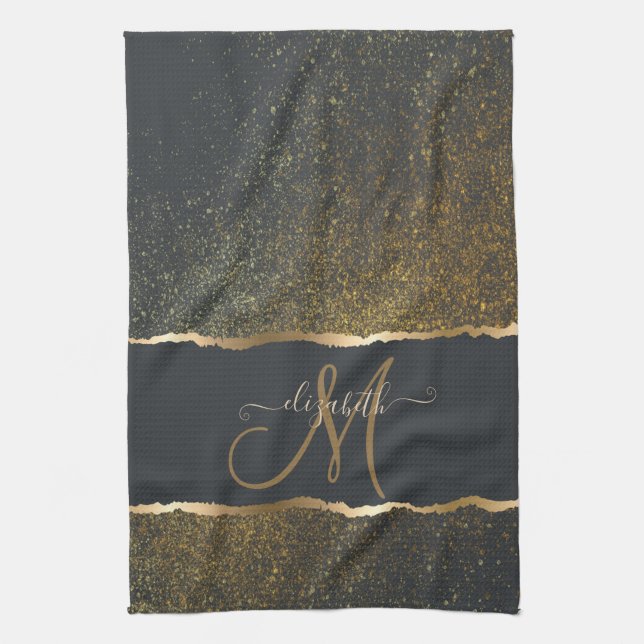 Modern Elegant Gold Touch Monogram Tea Towel (Vertical)