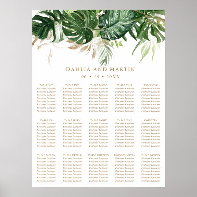 Modern Elegant Gold Tropical Wedding Seating Chart (Front)