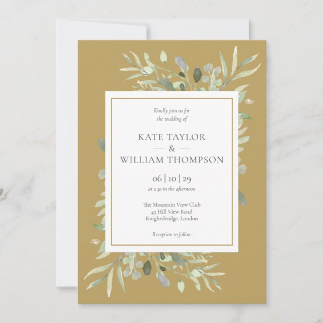 Modern Elegant Gold Watercolor Greenery Wedding Invitation (Front)