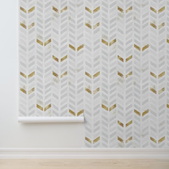 Modern Elegant Gold White Grey Painted Chevron Wallpaper (Application)