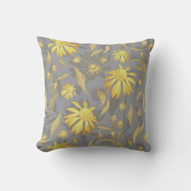Modern Elegant Gold Yellow Grey Cone Flowers Cushion (Front)