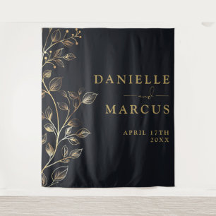 Modern Elegant Golden Floral Wedding Backdrop Tapestry