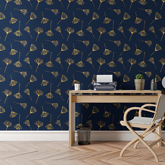 Modern Elegant Golden Flower Blue Floral Pattern Wallpaper (Creator Uploaded)