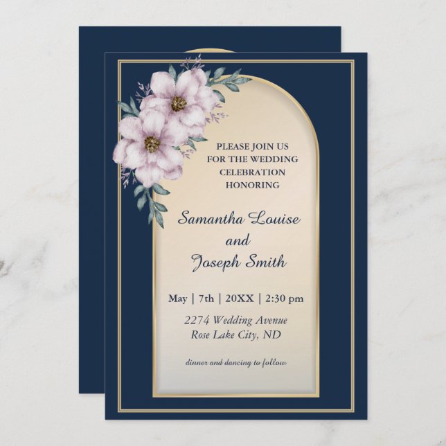 Modern elegant golden frame roses navy blue invitation (Front/Back)