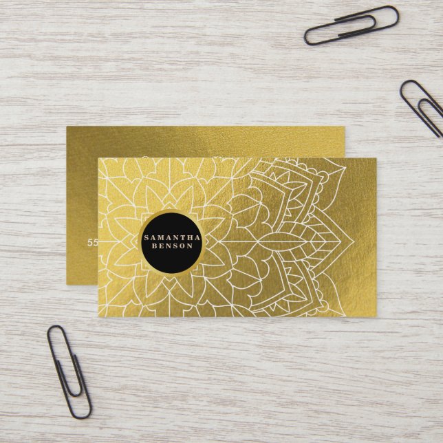 Modern Elegant GoldMandala Pattern Yoga Instructor Business Card (Front/Back In Situ)
