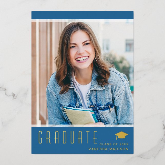 Modern Elegant Graduate Blue Photo Foil Card (Front)