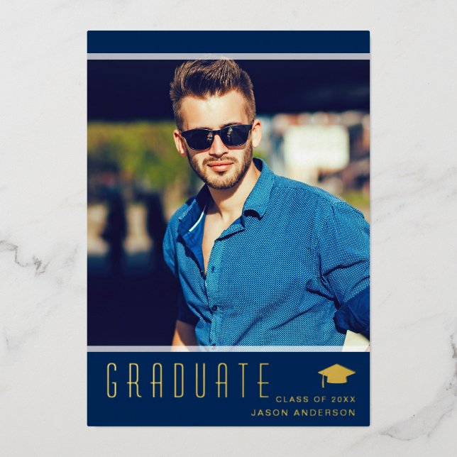 Modern Elegant Graduate Blue Photo Foil Card (Front)
