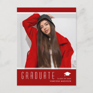 Modern Elegant Graduate Photo Red Announcement Postcard