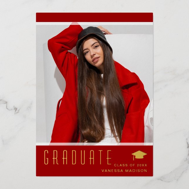 Modern Elegant Graduate Red Photo Foil Card (Front)