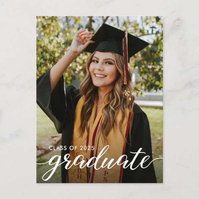 Modern Elegant Graduate Script Custom Photo  Invitation Postcard (Front)