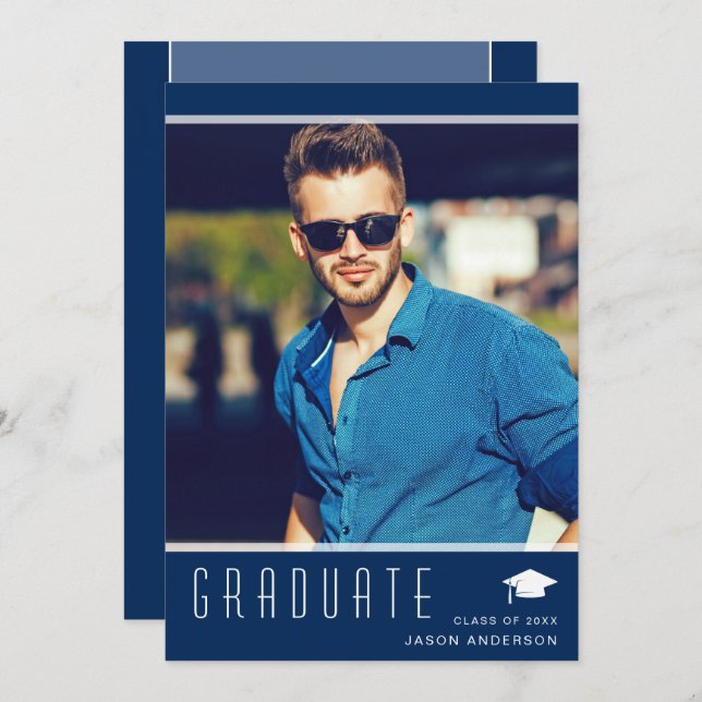 Modern Elegant Graduate Stylish Photo Blue Announcement (Front/Back)