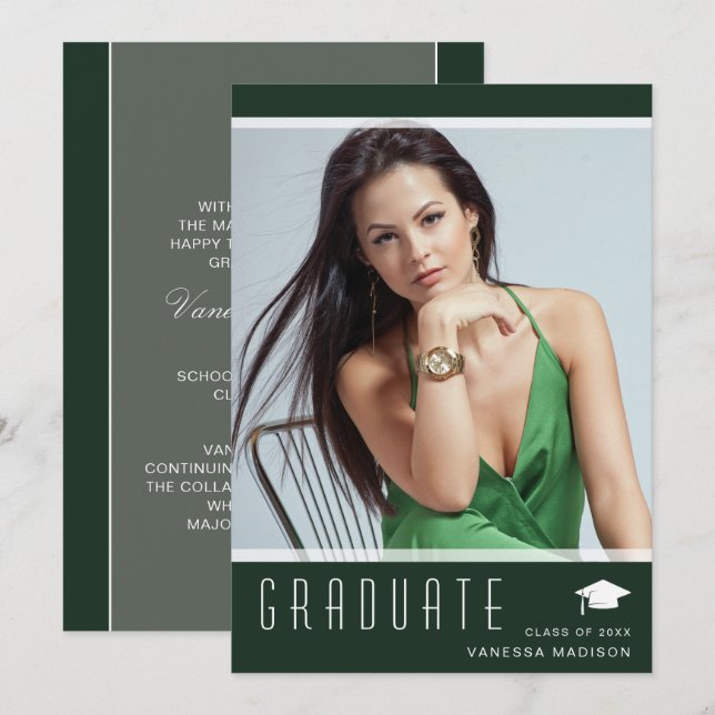 Modern Elegant Graduate Stylish Photo Green Announcement (Front/Back)