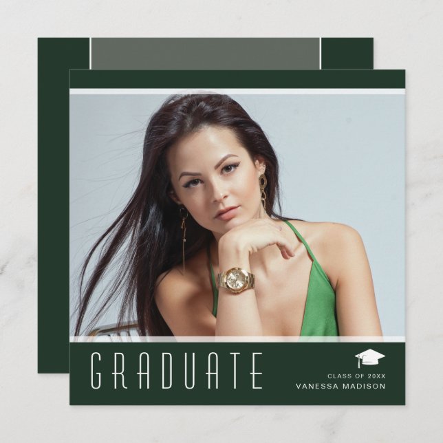Modern Elegant Graduate Stylish Photo Green White Announcement (Front/Back)