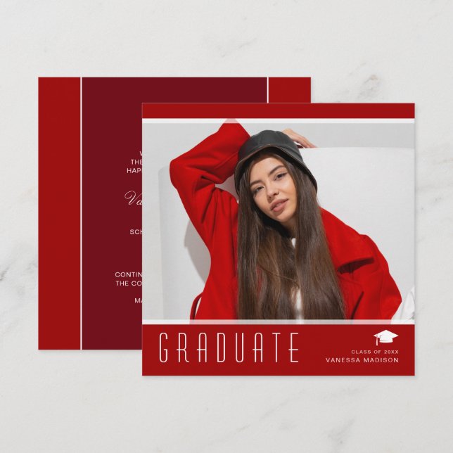 Modern Elegant Graduate Stylish Photo Red & White Announcement (Front/Back)