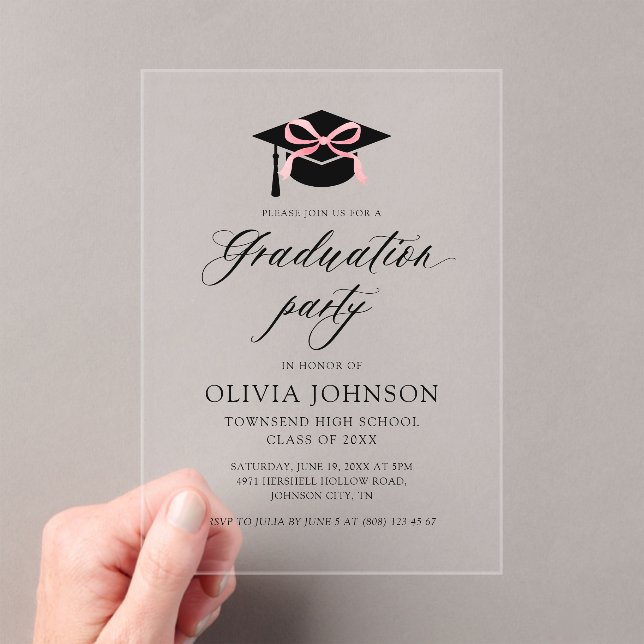 Modern Elegant Graduation Cap Pink Bow Graduation  Acrylic Invitations (Insitu (Handheld))