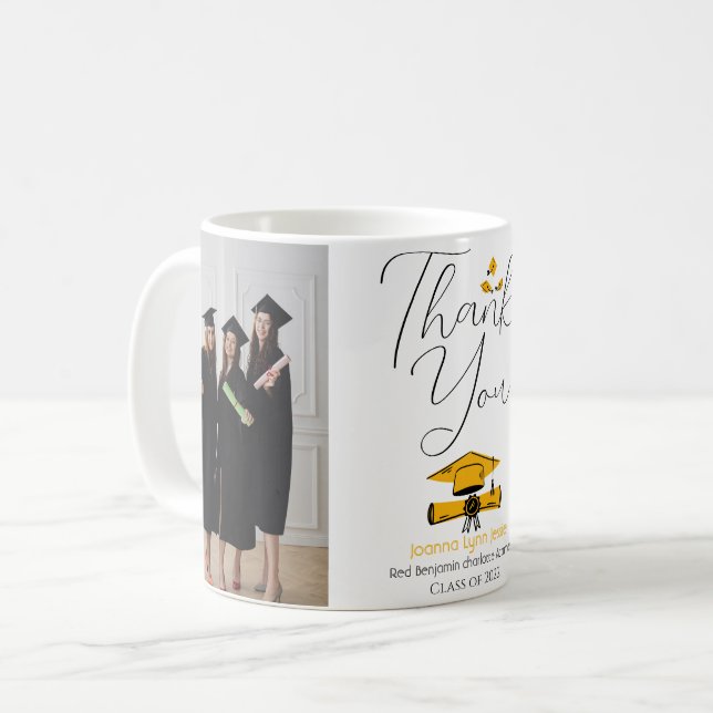 Modern Elegant Graduation gold Cap Thanks Script Coffee Mug (Front Left)