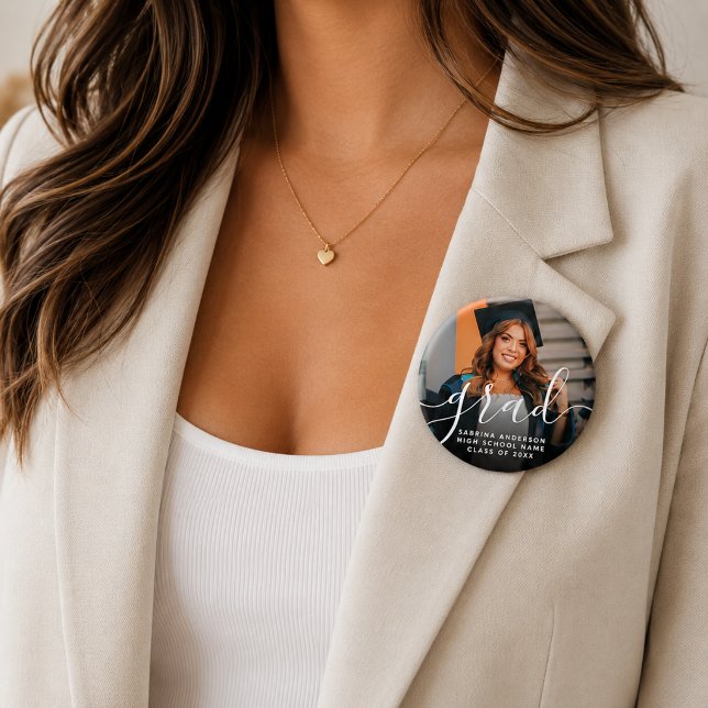 Modern Elegant Graduation Photo Script Typography 7.5 Cm Round Badge (Creator Uploaded)