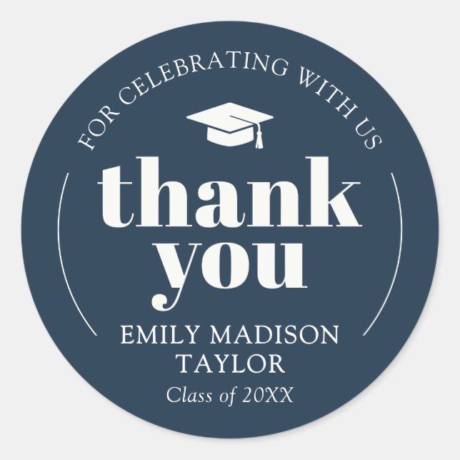 Modern Elegant Graduation Thank You Navy Blue Classic Round Sticker (Front)