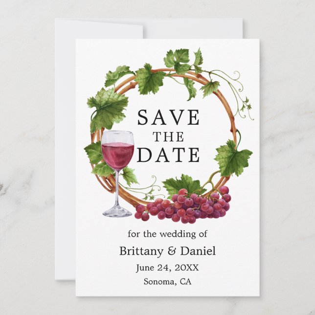 Modern Elegant Grape Vines Watercolor Wreath Save The Date (Front)