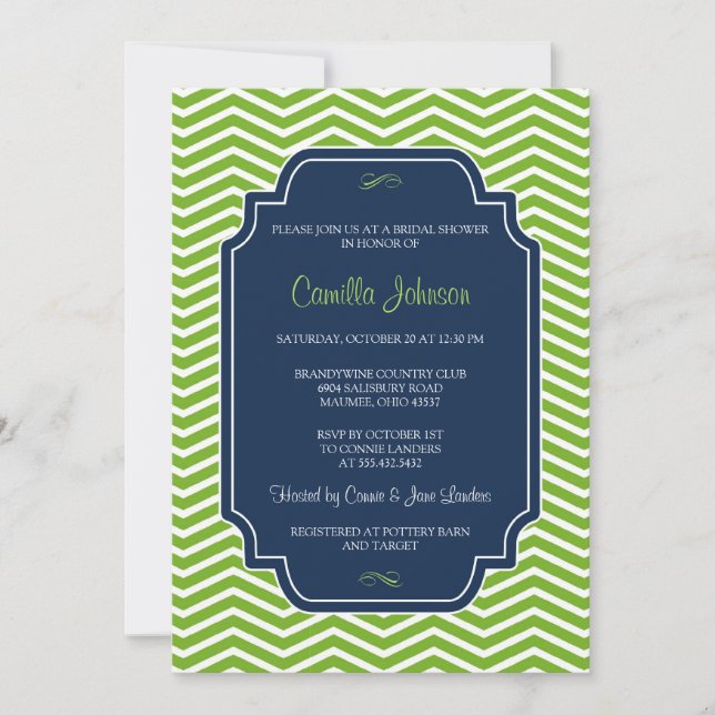 Modern Elegant Green & Blue Chevron Bridal Shower Invitation (Front)