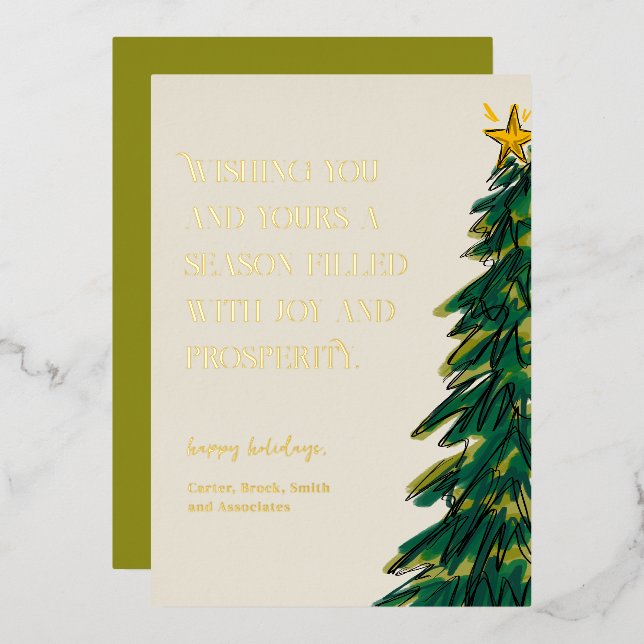 Modern Elegant Green Christmas Tree Sketch Gold Foil Holiday Card (Front/Back)