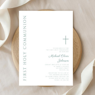 Modern Elegant Green Cross First Holy Communion Invitation
