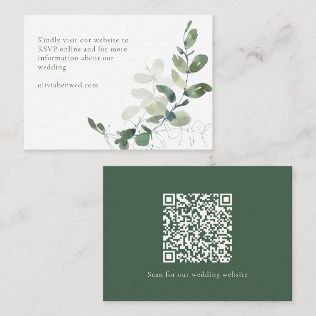Modern Elegant Green Eucalyptus Wedding QR Code Enclosure Card (Front/Back)