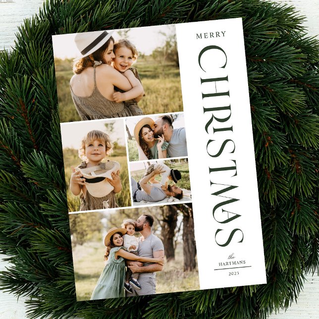 Modern Elegant Green Five Photo Collage Christmas  Holiday Card (Creator Uploaded)