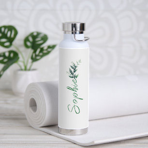 Modern Elegant Green Floral Leaves Name Scripted Water Bottle