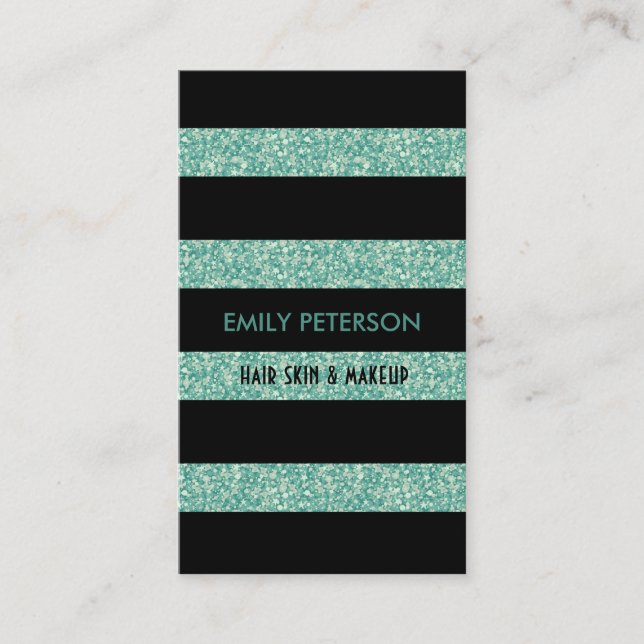 Modern Elegant Green Glitter And Black Stripes Business Card (Front)