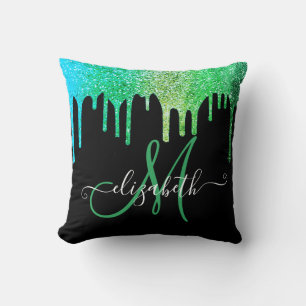 Modern Elegant Green Glitter Drips Black Monogram Cushion