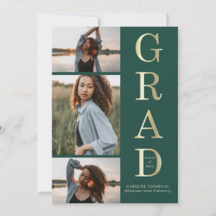 Modern Elegant Green Gold 3 Photo Graduation Invitation
