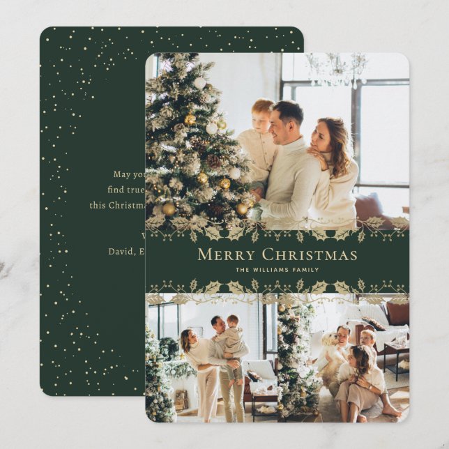 Modern Elegant Green Gold Photo Merry Christmas Holiday Card (Front/Back)