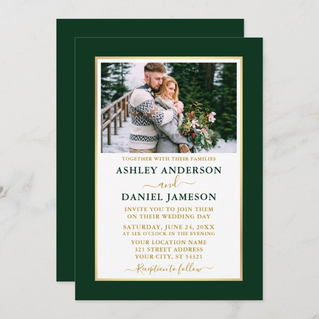 Modern Elegant Green Gold Wedding Invitation (Front/Back)