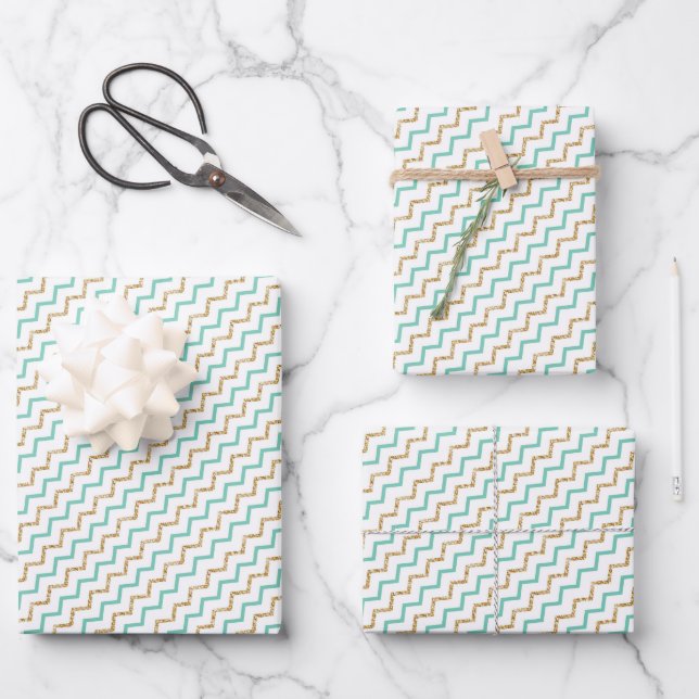 Modern Elegant Green Gold Zig Zag Chevron Wrapping Paper Sheet (Front)