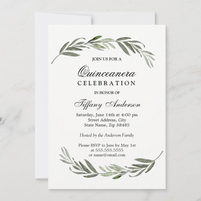 Modern Elegant Green Leaf Quinceanera Invite (Front)