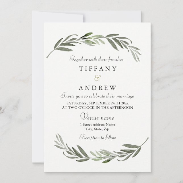 Modern Elegant Green Leaf Wedding Invitation (Front)