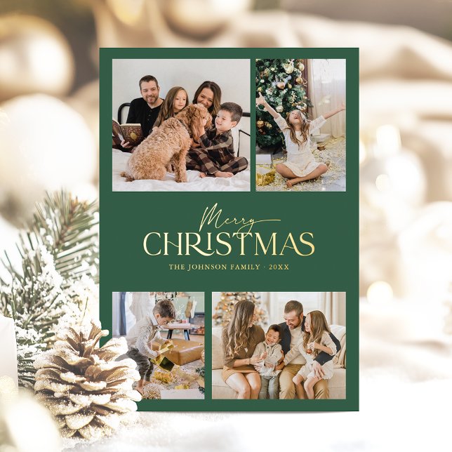Modern Elegant Green Merry Christmas Family Photo  Foil Holiday Card (Tastefully modern Merry Christmas photo card with gold foil for an elegant look this Christmas)