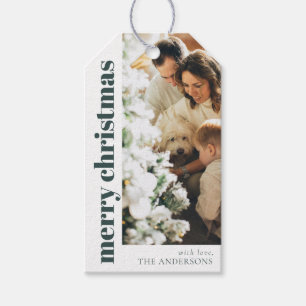 Modern Elegant Green Merry Christmas Family Photo Gift Tags