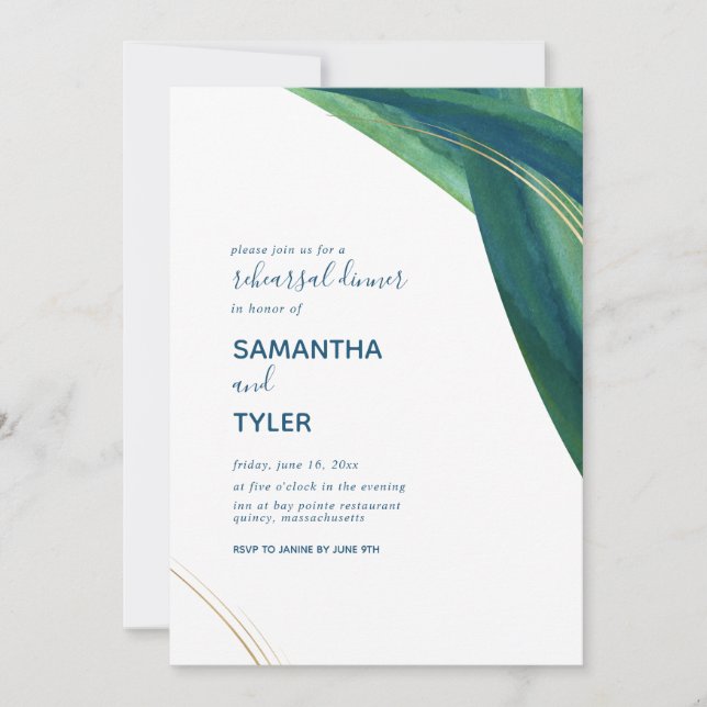 Modern, Elegant Green & Navy Rehearsal Invite (Front)
