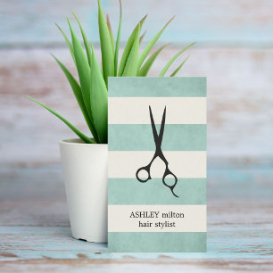 Modern Elegant Green Old White Stripes Hairstylist Business Card