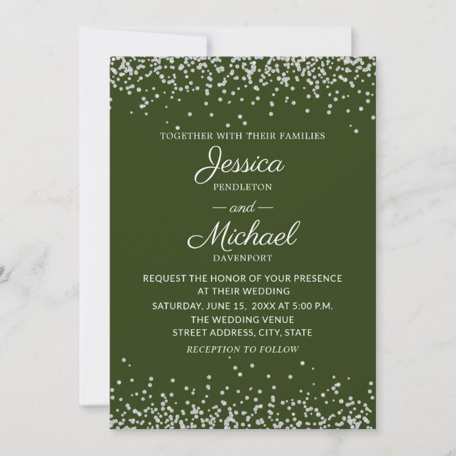 Modern Elegant Green Silver Glitter Wedding  Invitation (Front)