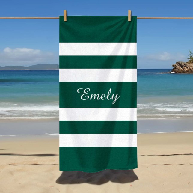 Modern Elegant Green Stripes Pattern Name Beach Towel (Custom Name Modern Elegant Green White Stripes Pattern Name Beach Towel)