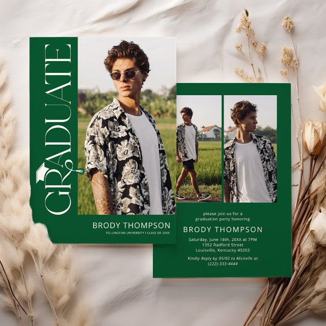 Modern Elegant Green & White 3 Photo Graduation Invitation (Creator Uploaded)